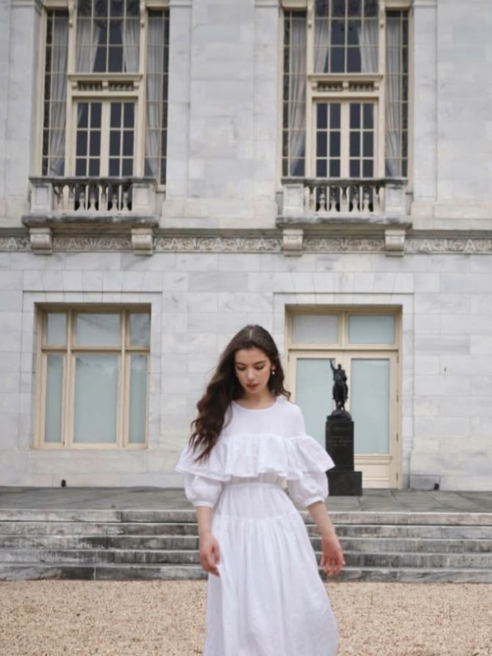 LINEN TALES Optical White Stone Washed Linen Fantasiaa Dress Layered Ruffle VGUC